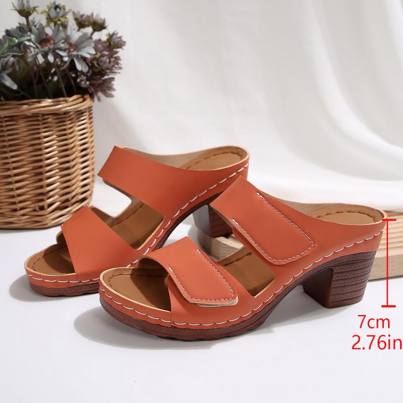 Mode Bequeme High Heels Pantoletten Damen 2025 Sommer Orange Klettverschluss Patch Dekoration Schuhe Damen Weiche Gummi Laufschuhe Frau