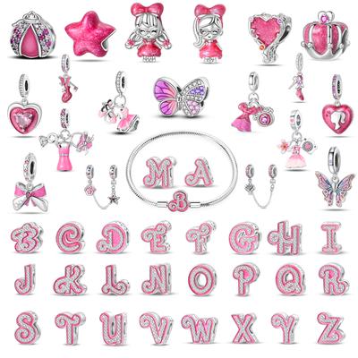 925 Silver Pink Dress Princess Butterfly Charm Bracelet with 26 Letter Beads DIY Jewelry Luxury Pendant