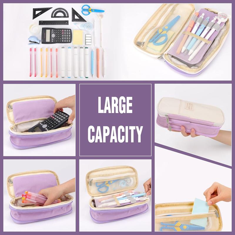 Cute Canvas Pencil Case Student Color Block Stationery Storage Bag Multifunctional Large Capacity Pen Bag Organizer Pouch