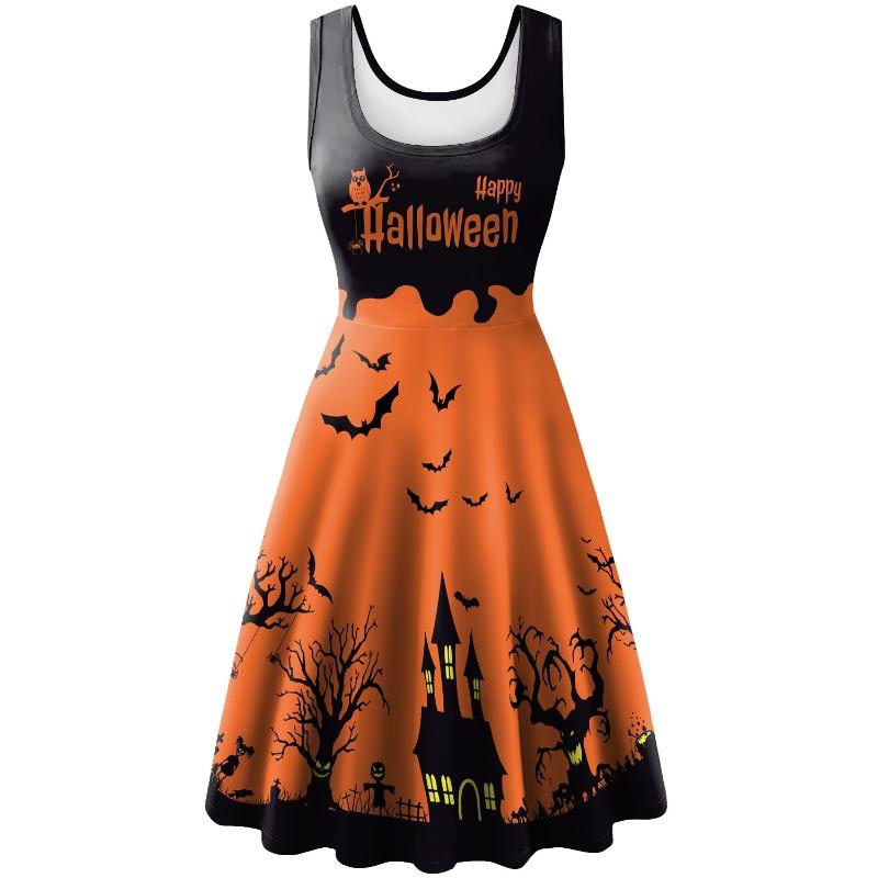 Halloween dress women's sleeveless skirt horror bat skeleton digital print skirt