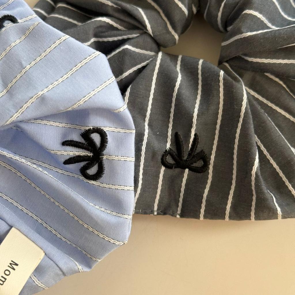 Fresh Blue Embroidered Bow Striped Elastic Hair Band Sweet Fashion Ponytail Headdress Textured Hair Accessories