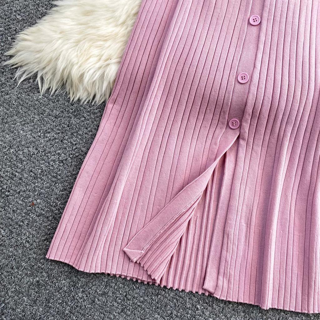 New Summer Solid Round Neck Sleeveless Sweater Knitted Dress for Women Casual Simple Single-breasted Elastic Bottoming Knitwear Dresses