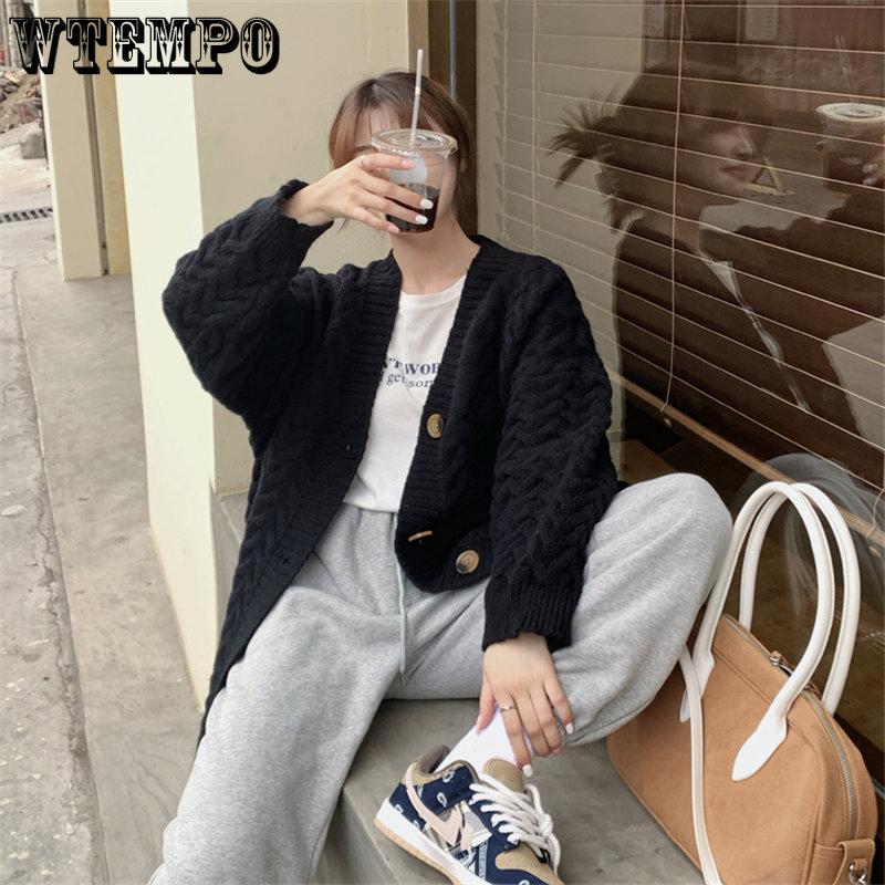 WTEMPO Women Long Knitted Sweaters Cardigans Autumn Female Large Size Casual Tops Long Sleeve Thick Solid Color Loose Coats