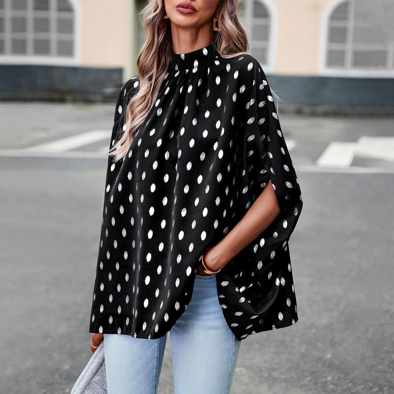 

Autumn Office Lady Shirt Loose Fashion Women Clothing 2026 Batwing Sleeve Shirts Stand Collar Polka Dot Print Blouse Blusa 27973 XL чорний