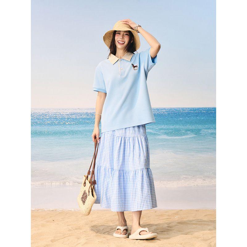 HACR Women Harshandcruel Korean Style Retro College Plaid Collar Fake Two-Piece Color Block Embroidery Polo Shirt