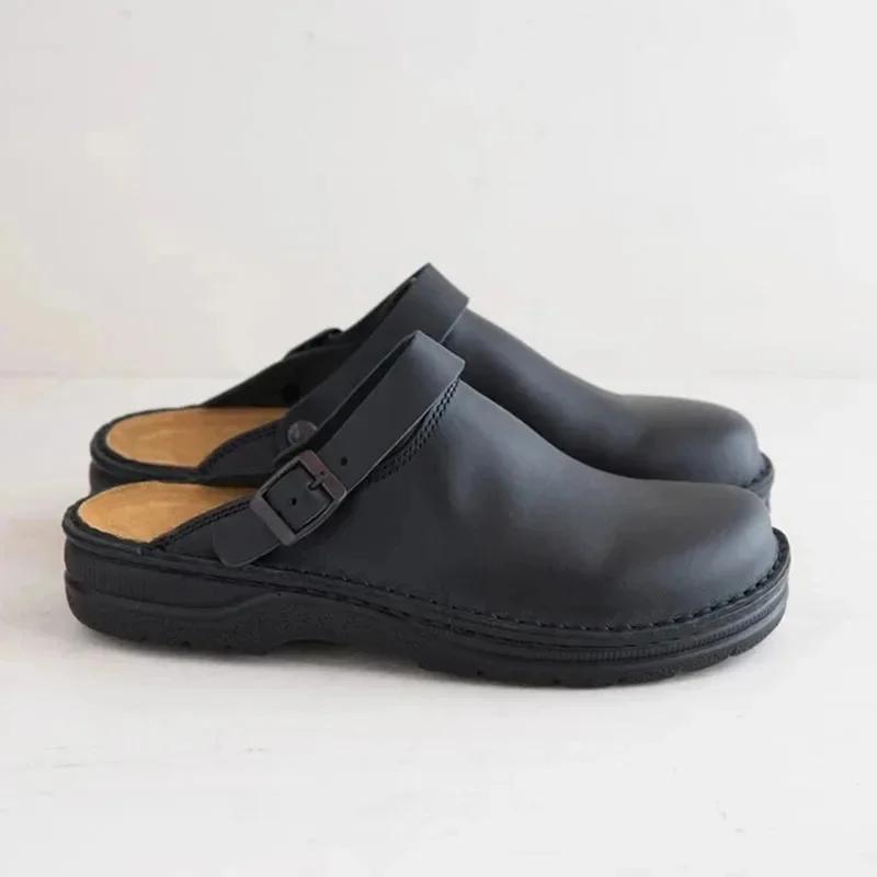 

Men s Half Slippers Fashion Big Size Leather Casual Sandals Non Slip thick bottom Vacation Shoes Classic Male home footwear 38 чёрный