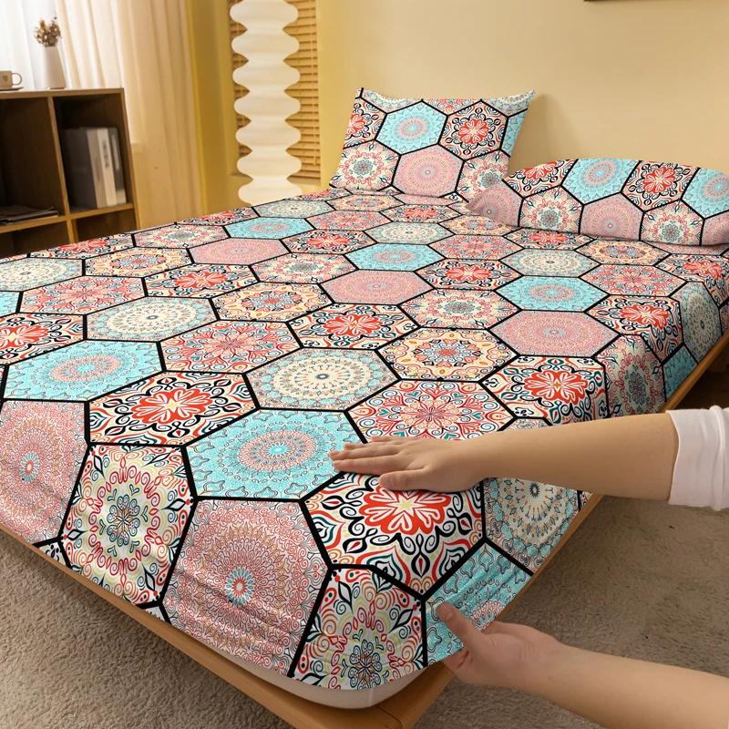 1 Cearșaf de pat mat cu model boem, Cuvertură de pat imprimată pentru dormitor, Lenjerie de pat (Excluzând fetele de pernă)