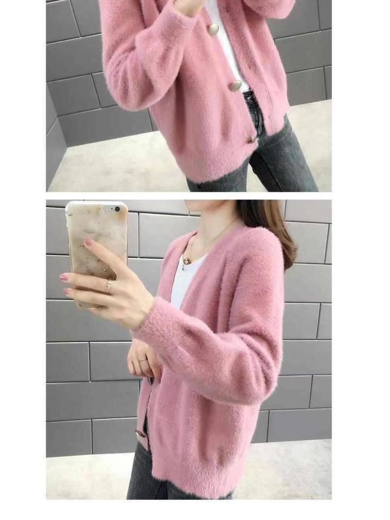 Women's Faux Mink Fleece V-neck Cardigan – Versatile Autumn & Winter Fashion