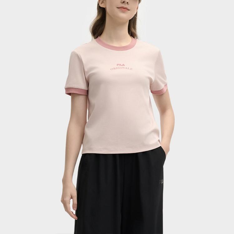 Fila Original Letter Print Round Neck Short Sleeve T-Shirt Women Tops Gray Pink F11W529112F-PK