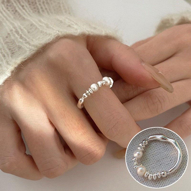 Handmade Geometric Love Heart Silver Pearl Ring - Trendy, Cool, Stackable for Women