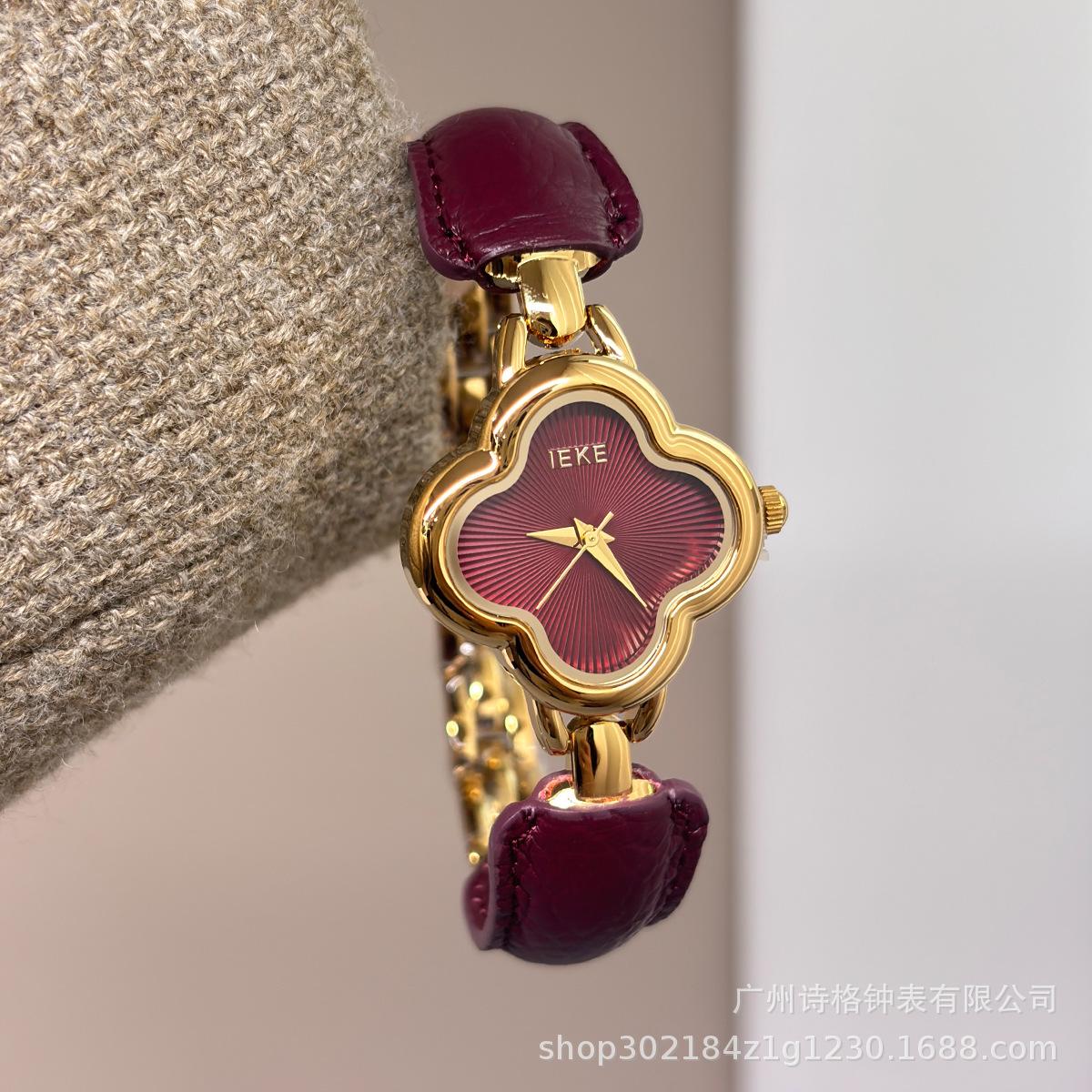 IEKE нишевые женские часы премиум-класса средневековые красный ремешок из анголы браслет с четырехлистником популярные женские кварцевые часы