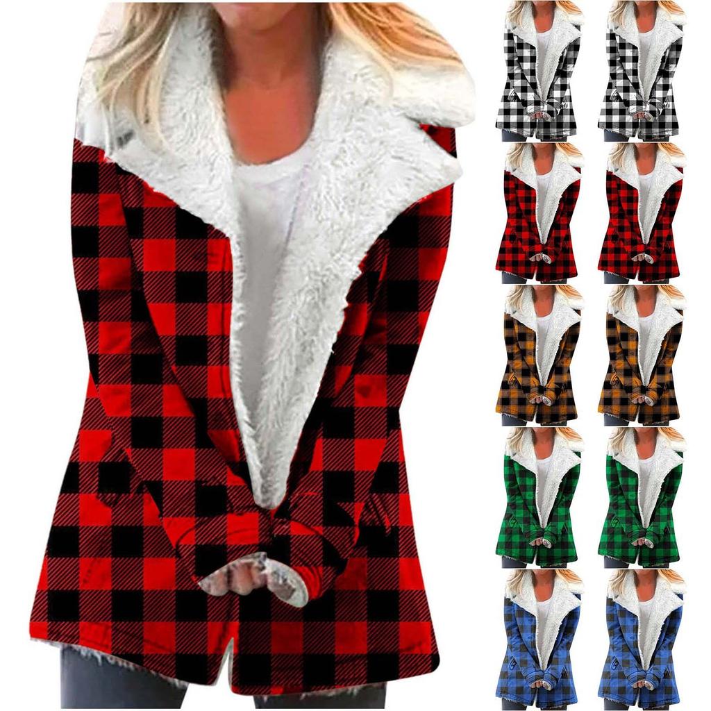 Damen Casual Fashion Loose Lattice Plus Fleecekragen mit Tasche Warm halten Jacke