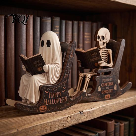 Spooky Bookshelf Ornament Halloween Rocking Chair Ghost/Skeleton Ornament, Wooden Desktop Decoration, Dynamic Skeleton Reader Decor Ghost Figurine for