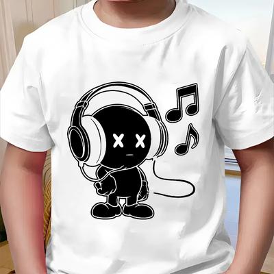 100% Cotton Fashion Boys' Short Sleeve T-Shirt with Cool and Cute Cartoon Headphone-Wearing Kid Print