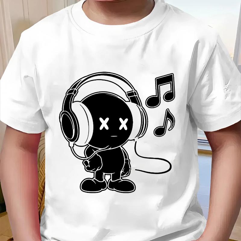 100% Cotton Fashion Boys  Short Sleeve T-Shirt with Cool and Cute Cartoon Headphone-Wearing Kid Print 110 белый