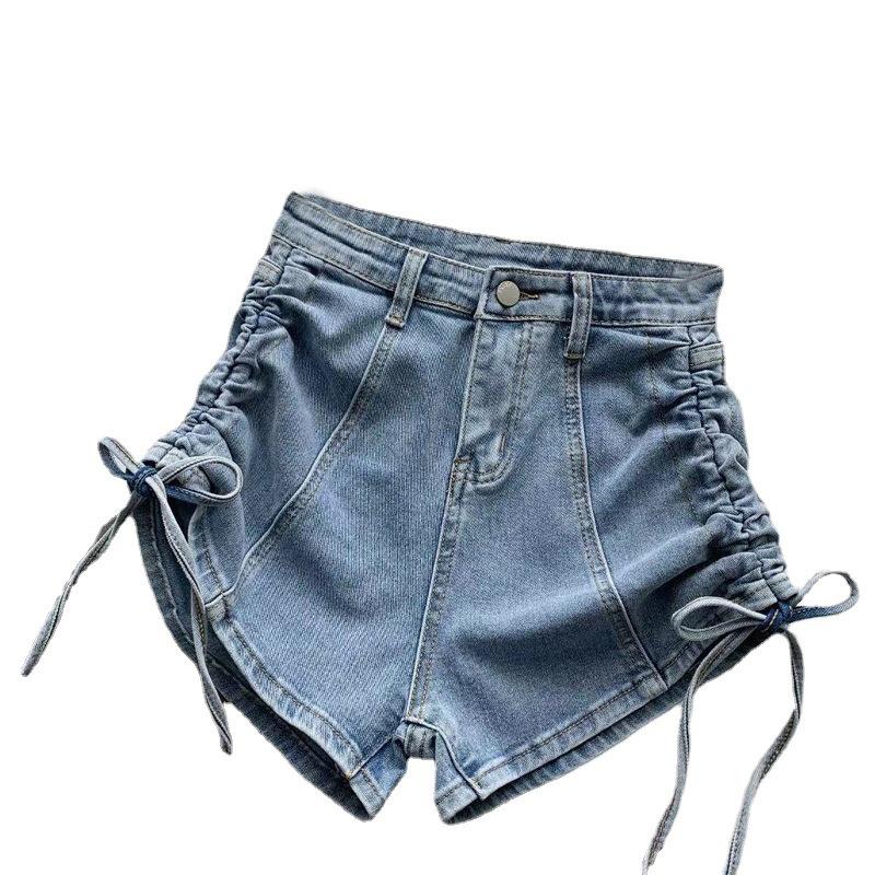 Pantaloncini di jeans alla moda versatili con coulisse da donna estivi a sezione sottile a vita alta elastici con bretelle sottili a forma di A a gamba larga super corti sub