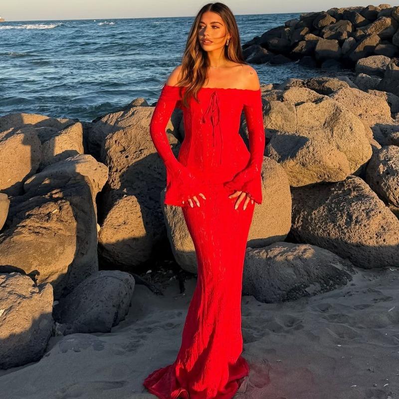 Autumn French Temperament Lace Long Dress One-word Shoulder Horn Sleeve Tube Top Dress Dress