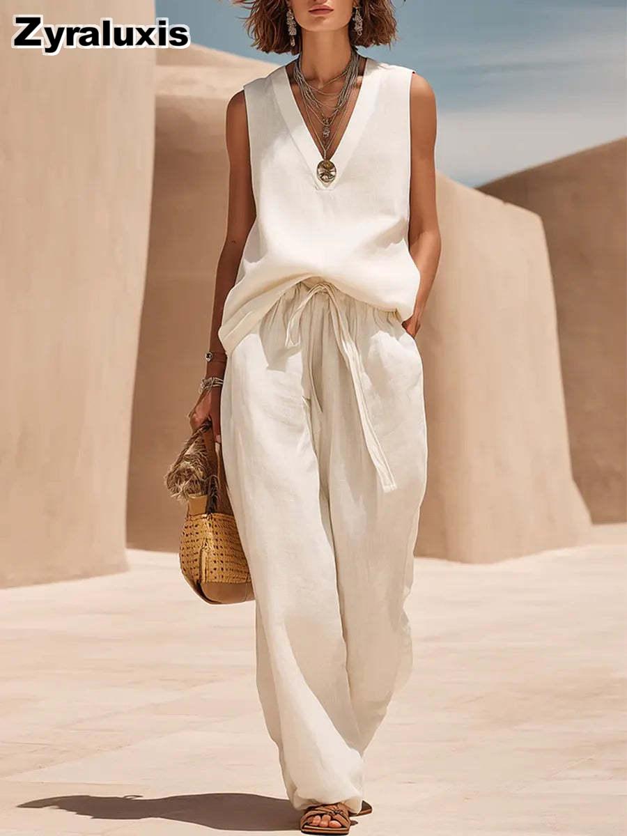 Summer New Women s Cotton Linen Sleeveless V-Neck Set Casual Loose Feeling Linen S белый