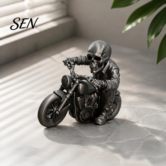 3D Printed Resin Model Skull Motorcycle Rider Statue, Cool Gothic Biker Skeleton Halloween Party Decoration Figurine, Motorbike Sculpture Desktop Car