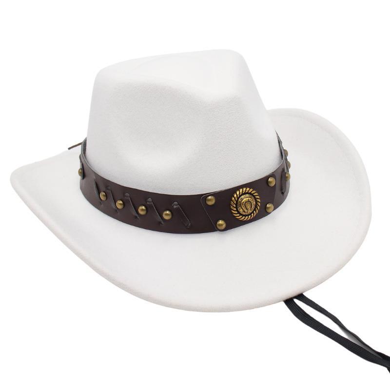 Western Cowboy Hat Tibetan Top Hat Felt Jazz Hat Rolled Edge Felt Hat Rivet Belt Buckle Metal