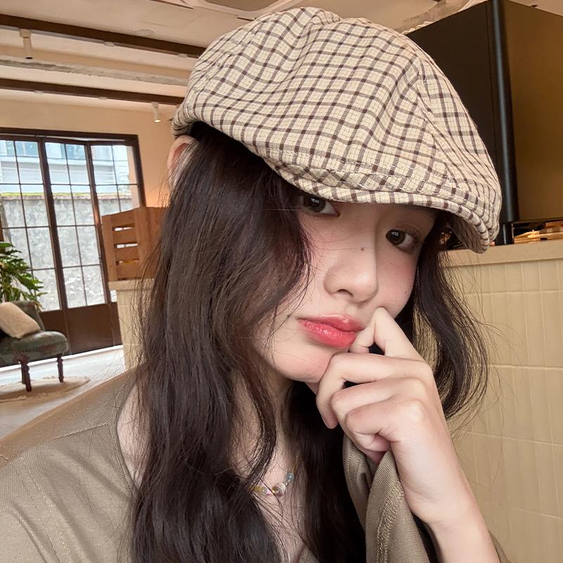 Retro Plaid Forward Hat Showing the Face Small Painter Hat Thin Breathable Literary and Versatile Beret Newsboy Hat Female