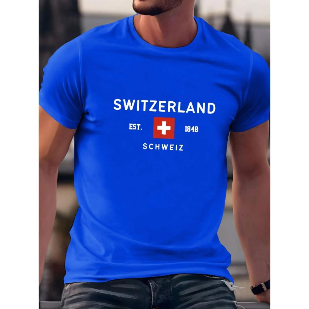 Summer Men's Casual Loose Plus Size Switzerland Pattern Printed Round Neck Short Sleeve Tee T-Shirt Top 2025