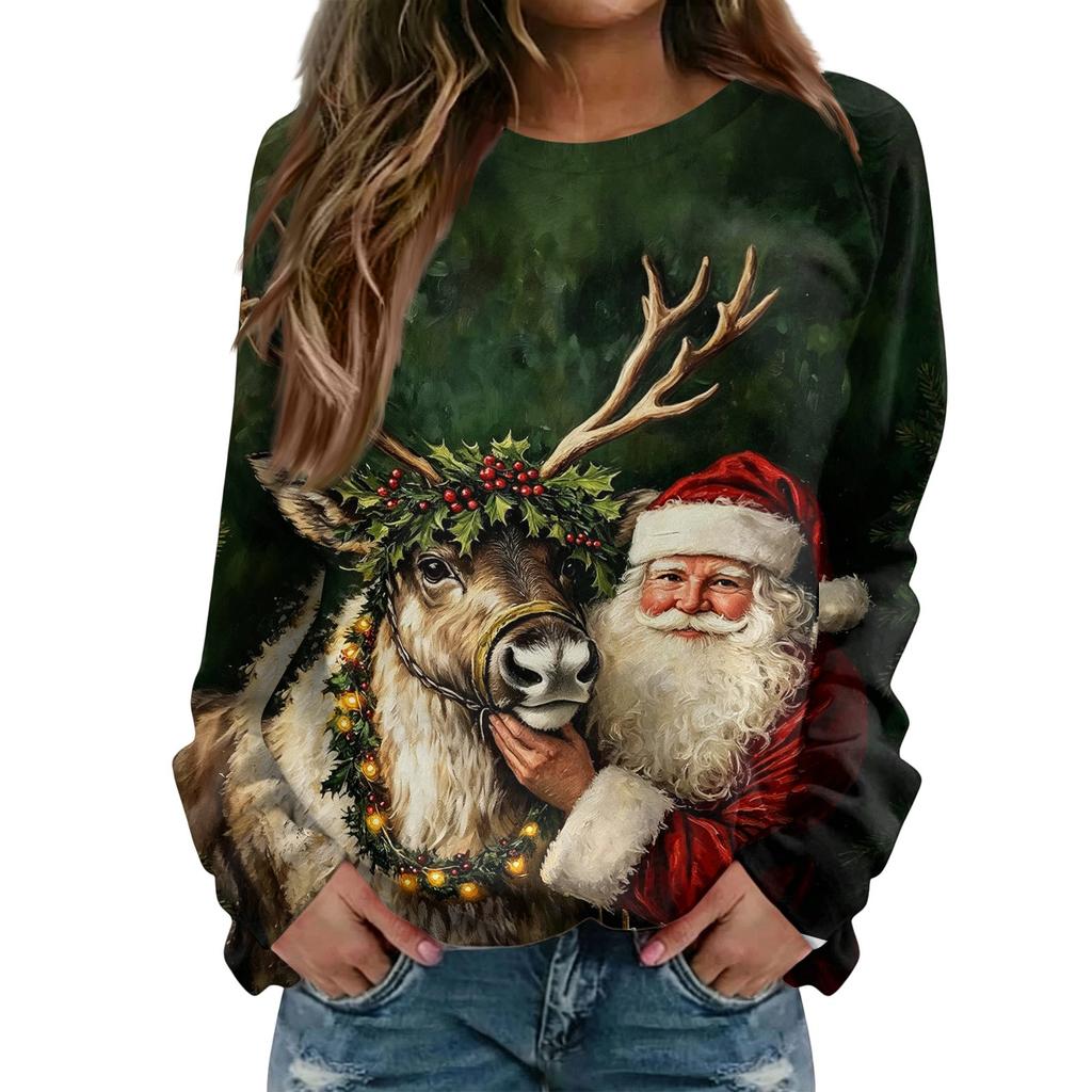 Women's Casual Christmas Print Neck Raglan Long Sleeve Pullover Sweatshirt