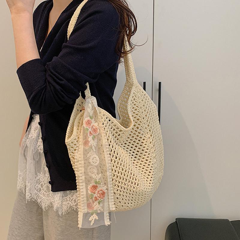 Summer Lace Bow Tote Bags Women Raffia Knitting Woven Shoulder Bag 2025 Rattan Large Casual Crochet Shopping Bag Ladies Handbag