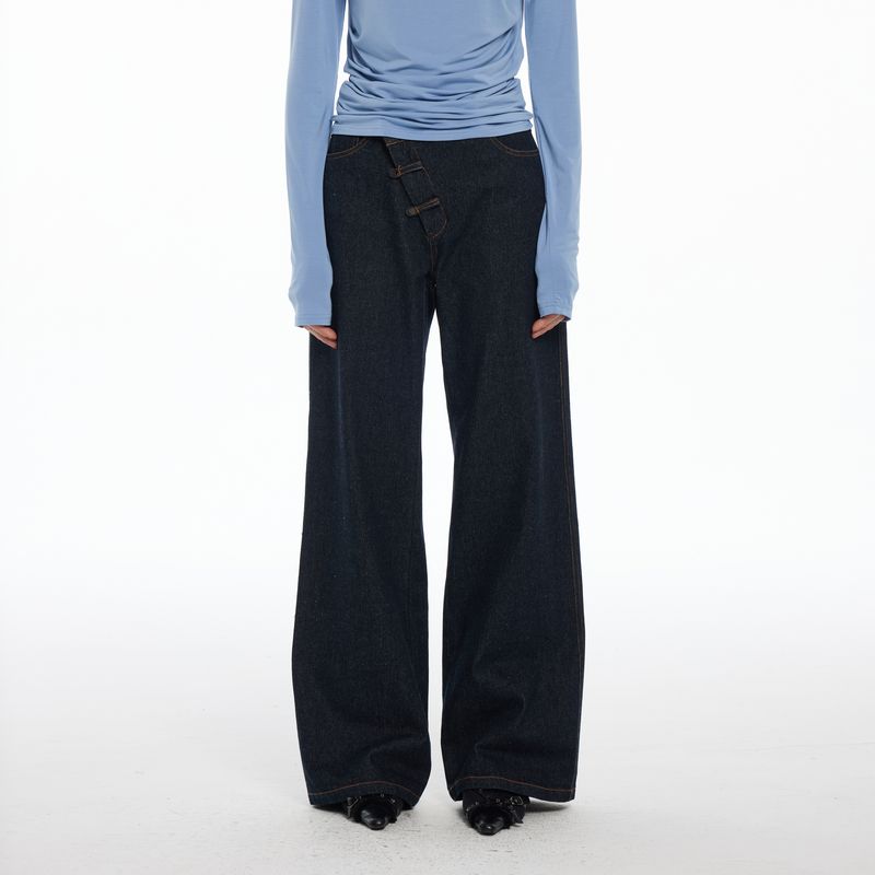 

Thelight Original Cow Color Oblique Placket Buckle Denim Female Straight-Leg Trousers Barne Style Blue Cow Retro Easy Matching Blue S