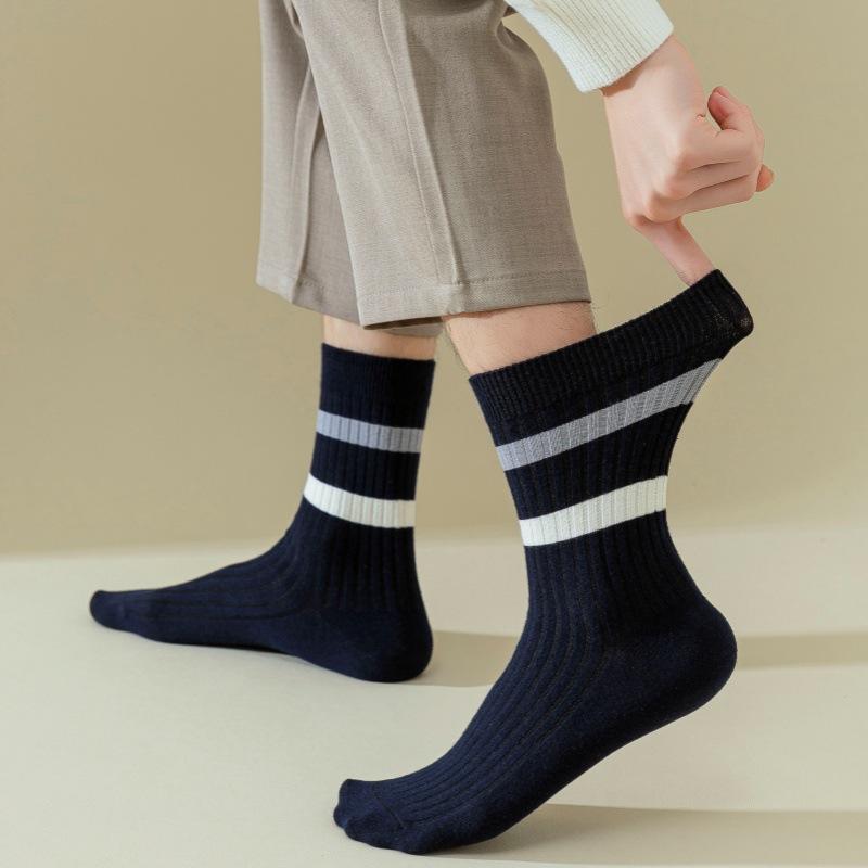 Socks Men'S Double Needle Medium Tube Socks Thickened Warm Versatile Cotton Socks Trend Striped Stockings