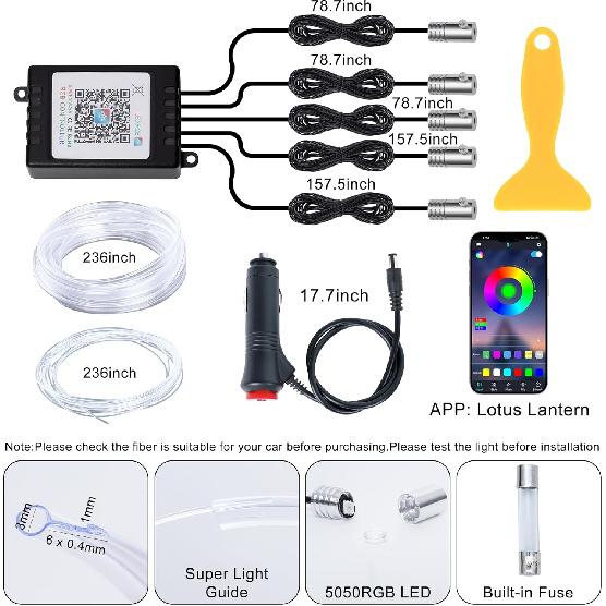 Interior Car LED Lights Wireless APP Control 5 In 1 RGB Ambient Lighting Kit With 236" Fiber Optic, 16 Million Colors Music Sync Waterproof LED Strip