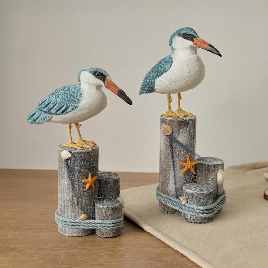 Wooden Seabird Ornaments Ocean Theme Decorative Figurine with Starfish And Hemp Rope Decor Desktop Accent for Home