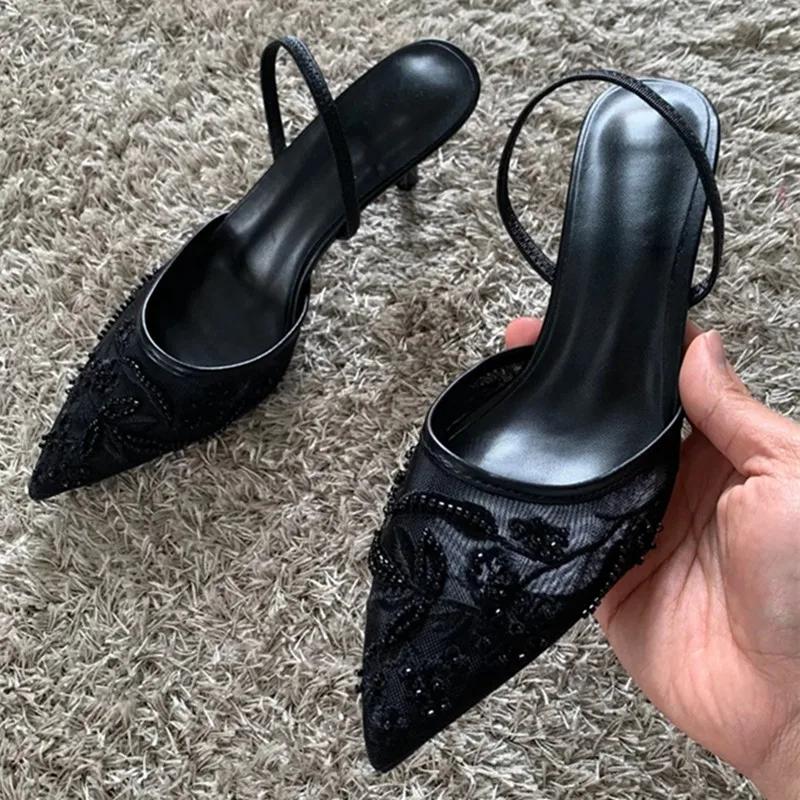 Sexy Pointed Toe String Bead Pumps Women Black Mesh Embroider Heeled Sandals Summer Elegant Party Shoe Zapatos De Mujer