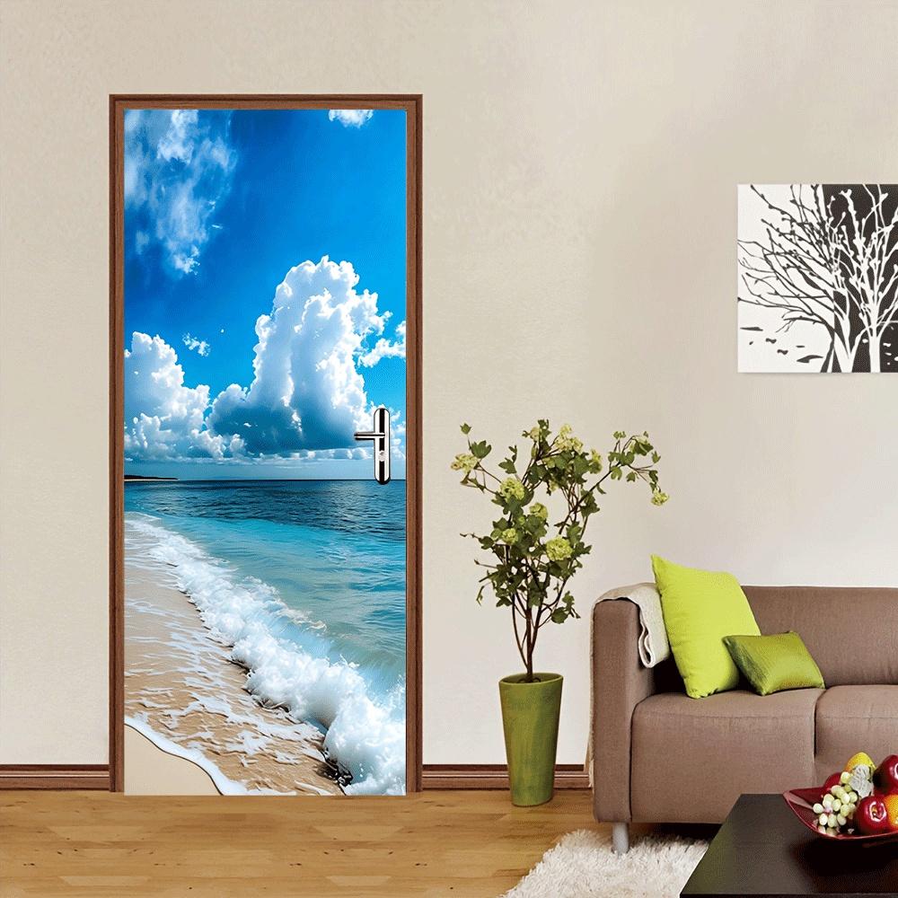 2pcs Summer Waves Beach Wall Stickers Mediterranean Style Ocean Theme Bedroom Living Room Entrance Decoration Stickers Home Wall