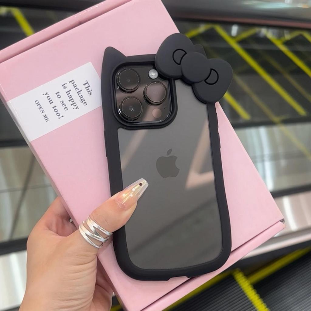 Custodia carina con orecchie da gatto in silicone con fiocco per iPhone 16 Plus 15 14ProMax 13 12 11 Trasparente Antiurto Rigida Acrilico Bumper Cover Posteriore