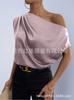 Women's Satin T-shirt Summer TK European and American Women's Clothing New Slanted Shoulder Solid Color Versatile Off-shoulder Top Women
