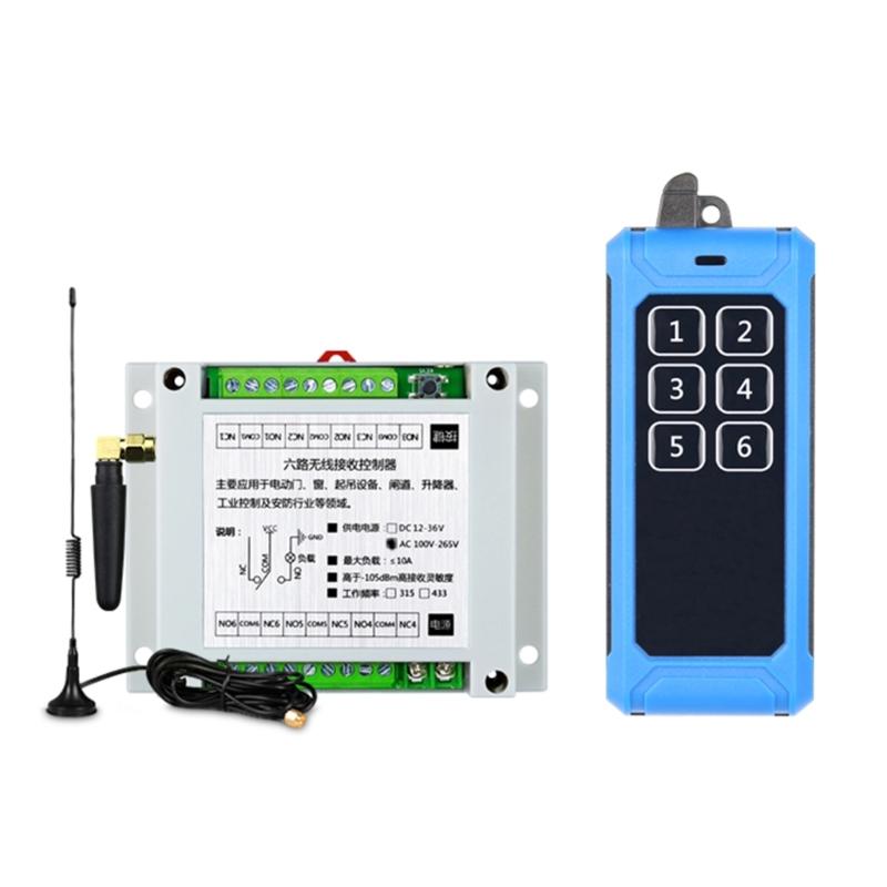 315Mhz/RF433Mhz Wireless Remote Control Switch DC 12V-24V Relay 6CH Receiver Controller and 6Button Transmitter