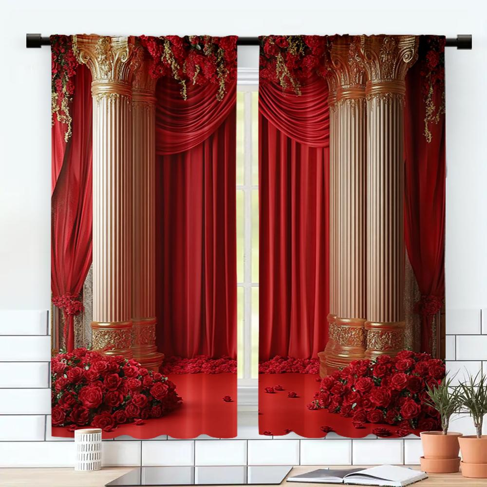 2pc    Spring Popular Curtain Red Flower Wedding Durable 100% Polyester Fabric  Without Electricity Spring Party & Holiday Decor