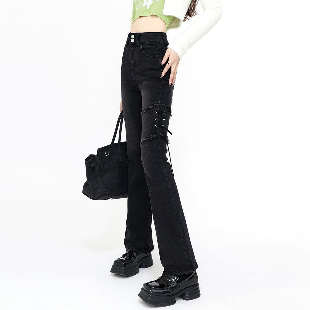 Lace Up Flare Jeans Women Summer Black Vintage High Waist Slim Skinny Pants Denim Trouser Streetwear Korean Fashion Y2K