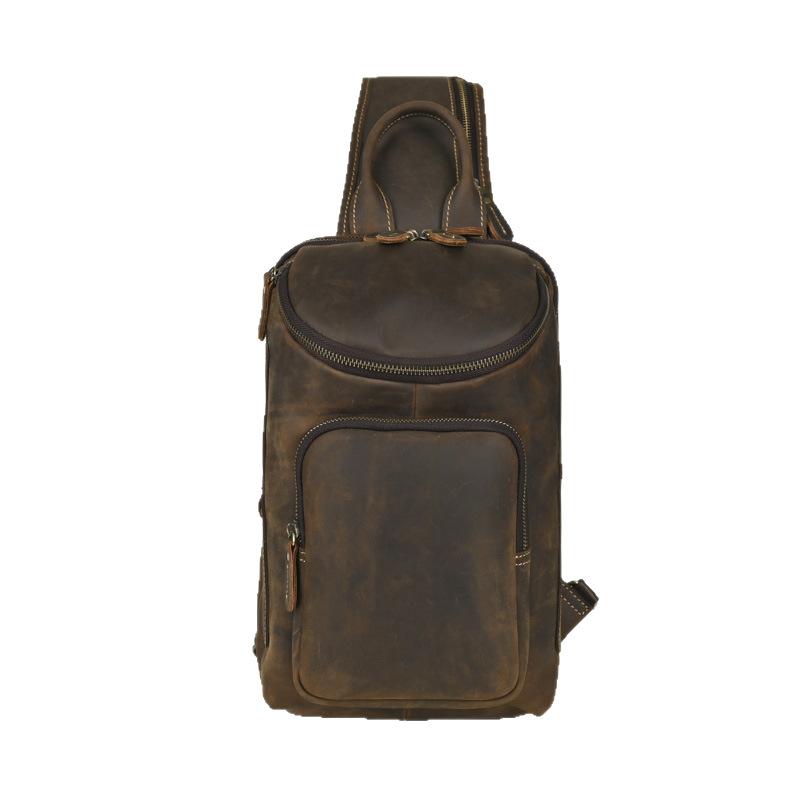 European and American Men's Chest Bag Retro Crazy Horse Leather Single Shoulder Backpack Breathable Large Capacity Crossbody Bag