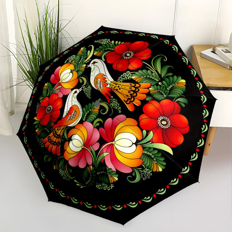 Floral Birds Mandala Portable Automatic Umbrella Folding Umbrella with 8 Ribs Lightweight All-Season Umbrella for Travel Elegant Women's Umbrella