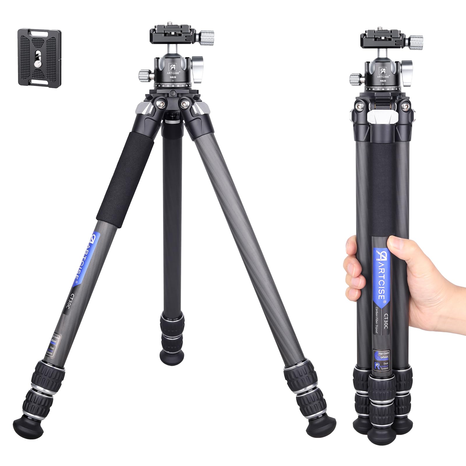 

ARTCISE Carbon Fiber Tripod with Low Center of Gravity Ball Head 28mm Ball with Storage Diameter Smaller Than a Aluminum Tripod 15kg Load Height