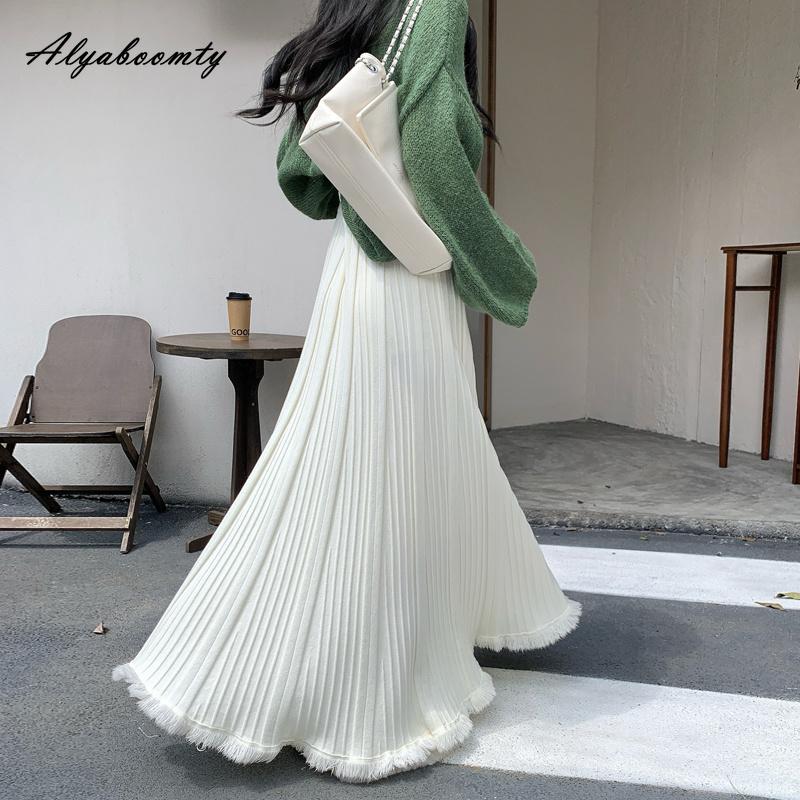 Moda Coreana Otoño Invierno Mujer Falda Maxi Larga Cintura Alta Beige Negro Punto Plisada Falda Tejida Flecos Elegante Femenina Faldas
