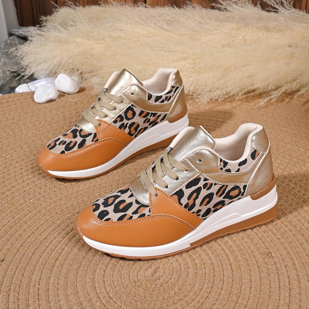 24 autumn leopard print sports single shoes women's round head lace-up wedge heel platform shoes casual large size women's shoes