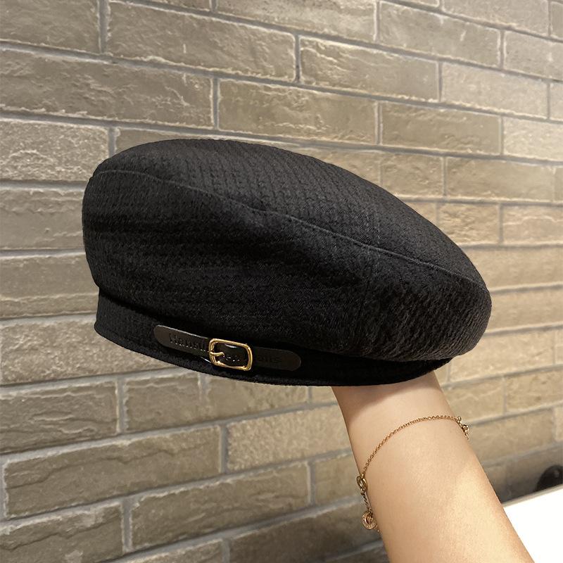 

Британский ретро-берет с пряжкой для ремня Xiaoxiangfeng, женственная светская универсальная шляпа художника M（56-58cm） чёрный