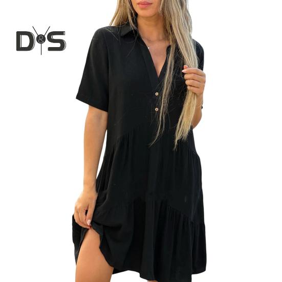 Summer Midi Dress V Neck Patchwork Hem Loose A-line Short Sleeves Pleated Solid Color Knee Length Dress for Beach Dating Parties