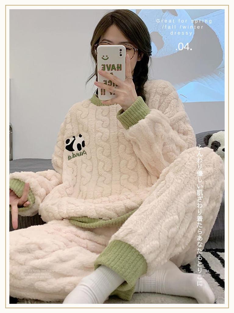 MilaCorinna Fluffy and Warm Flannel Pajamas Set with a Cute Panda and Cable Perfect for Loungewear and Indoor Perfect for Fall and A great Women's