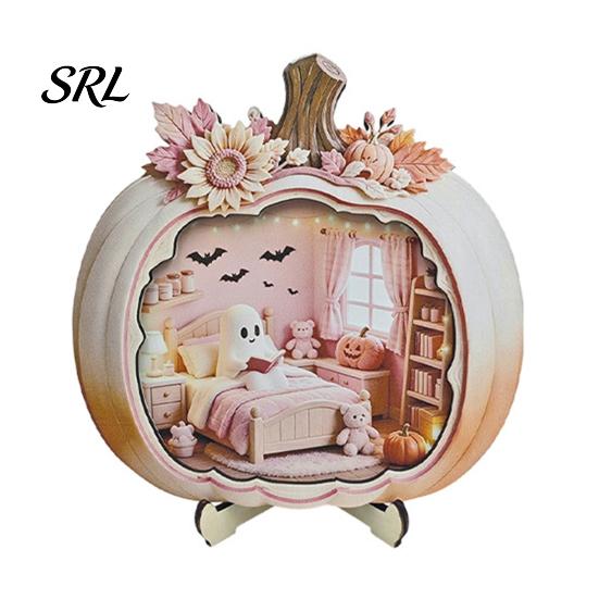Indoor Fall Seasonal Ornament Halloween Ghost Pumpkin Wooden Plaque, 2D Flat Tabletop Sign, Desktop Festive Home Accessory Spooky Bathing Reading for