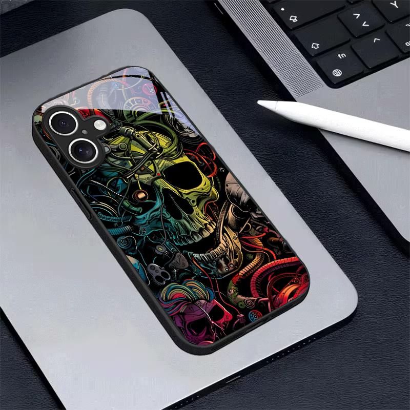 Neon Tech Skull Graffiti Black Glass Phone Case For iPhone 17 Air 16 E 15 Plus 14 Pro Max 13 12 Mini 11 5 6 7 8 Plus XR X Cover