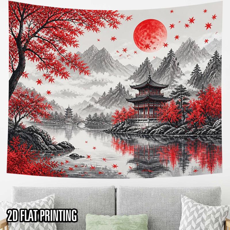 2D Flat, 1pc Red Maple Pavilion Tapestry - Horizontal Wall Hanging Suitable for Home Decor, Photo Booth Backdrop, Themed Parties, Traditional Room Dec